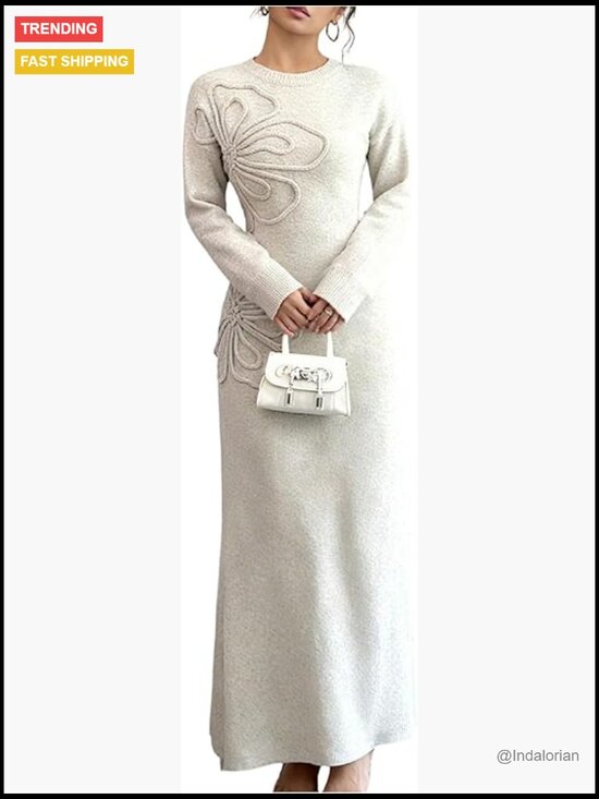 Dresses & Skirts - 3D Floral Appliques Knit Sweater Dress Crewneck Long Sleeve Flared